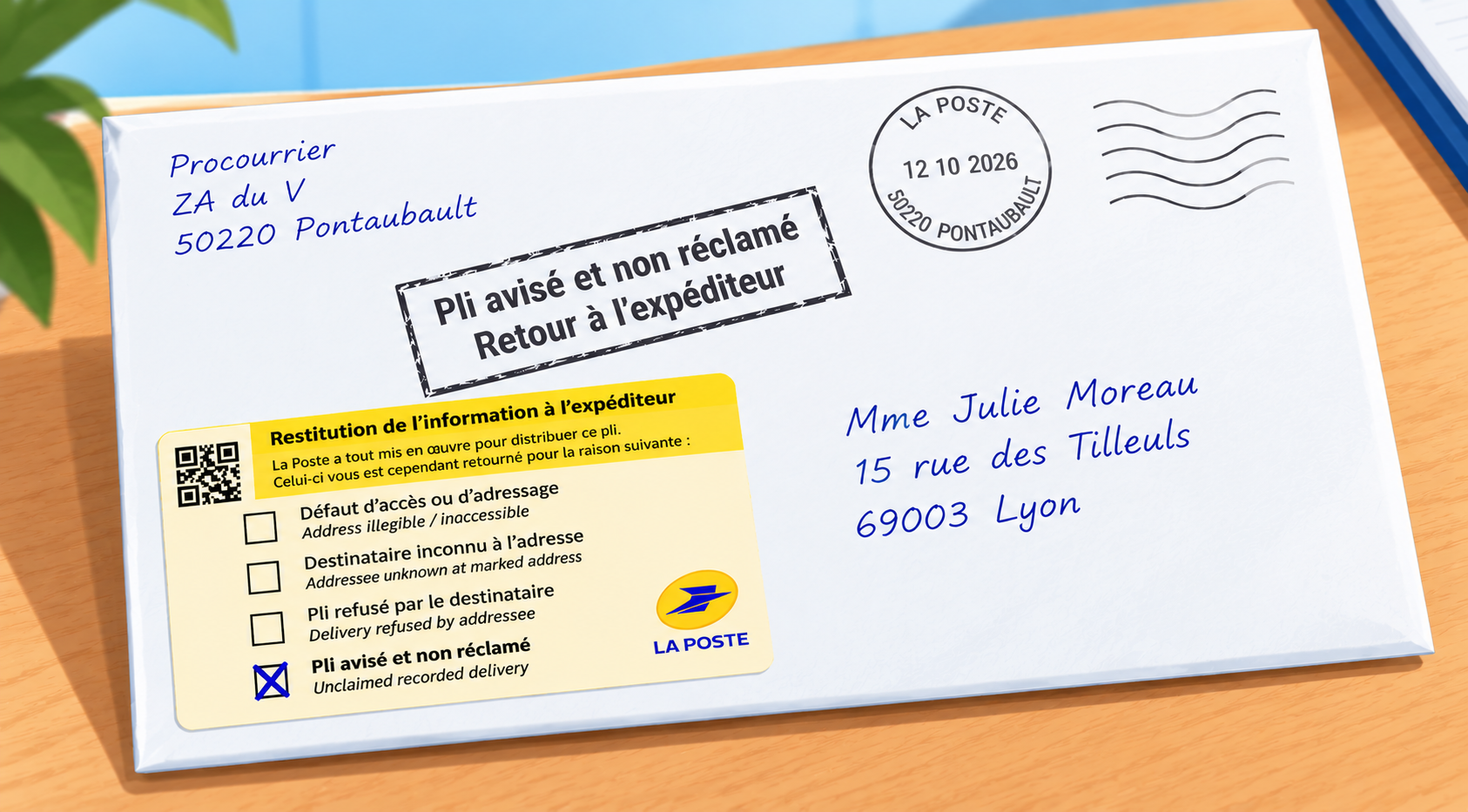 Lettre recommandée retournée à l’expéditeur avec la mention pli avisé et non réclamé